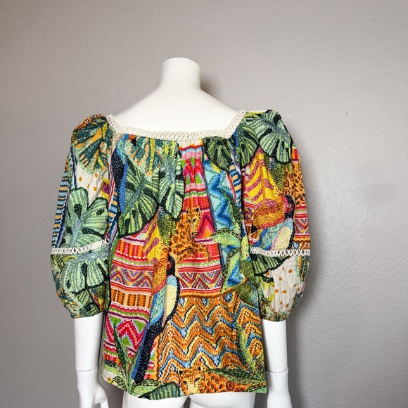Farm Rio Anthropologie Lace Inset Peasant Blouse Tropical Print Small - Picture 7 of 11